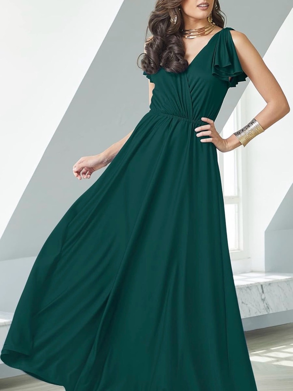 KOH KOH Emerald Green Maxi Dress with Flutter Sleeve